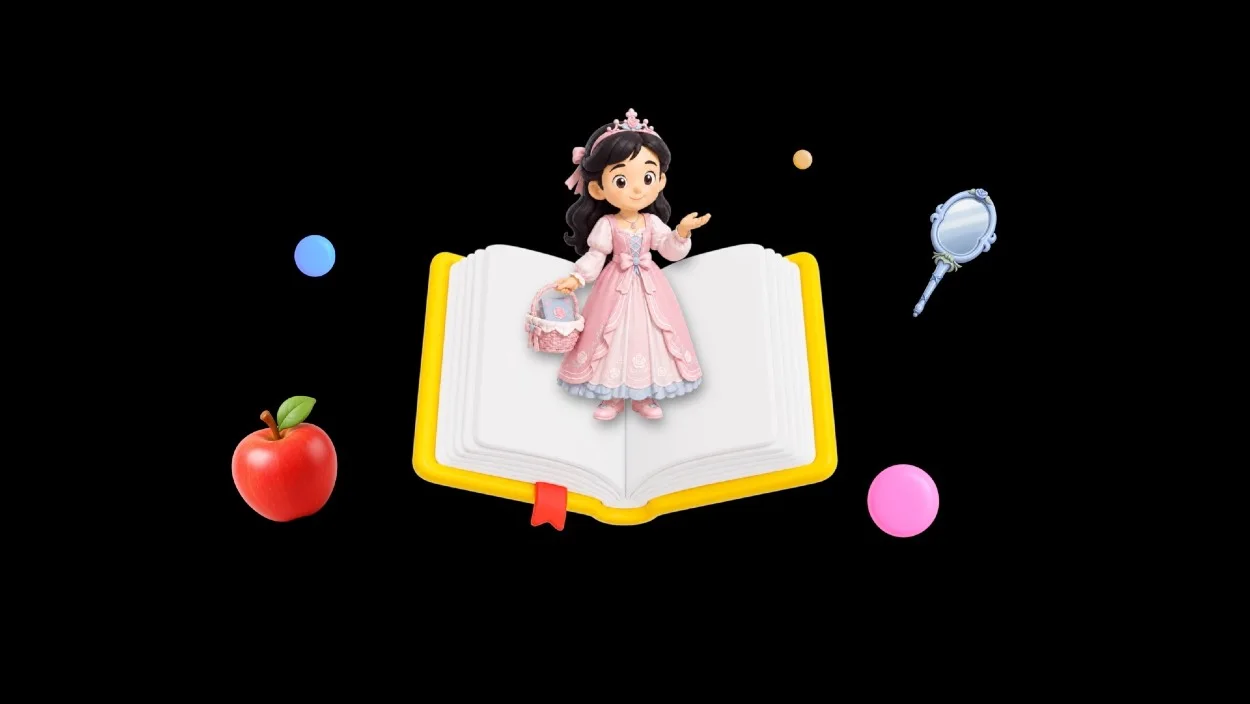 김혜진, 《콩쥐팥쥐》 배경영상, 동화나라 장면. 검은 배경에 펼쳐진 책 위로 공주 인형과 사과가 떠 있는 장면