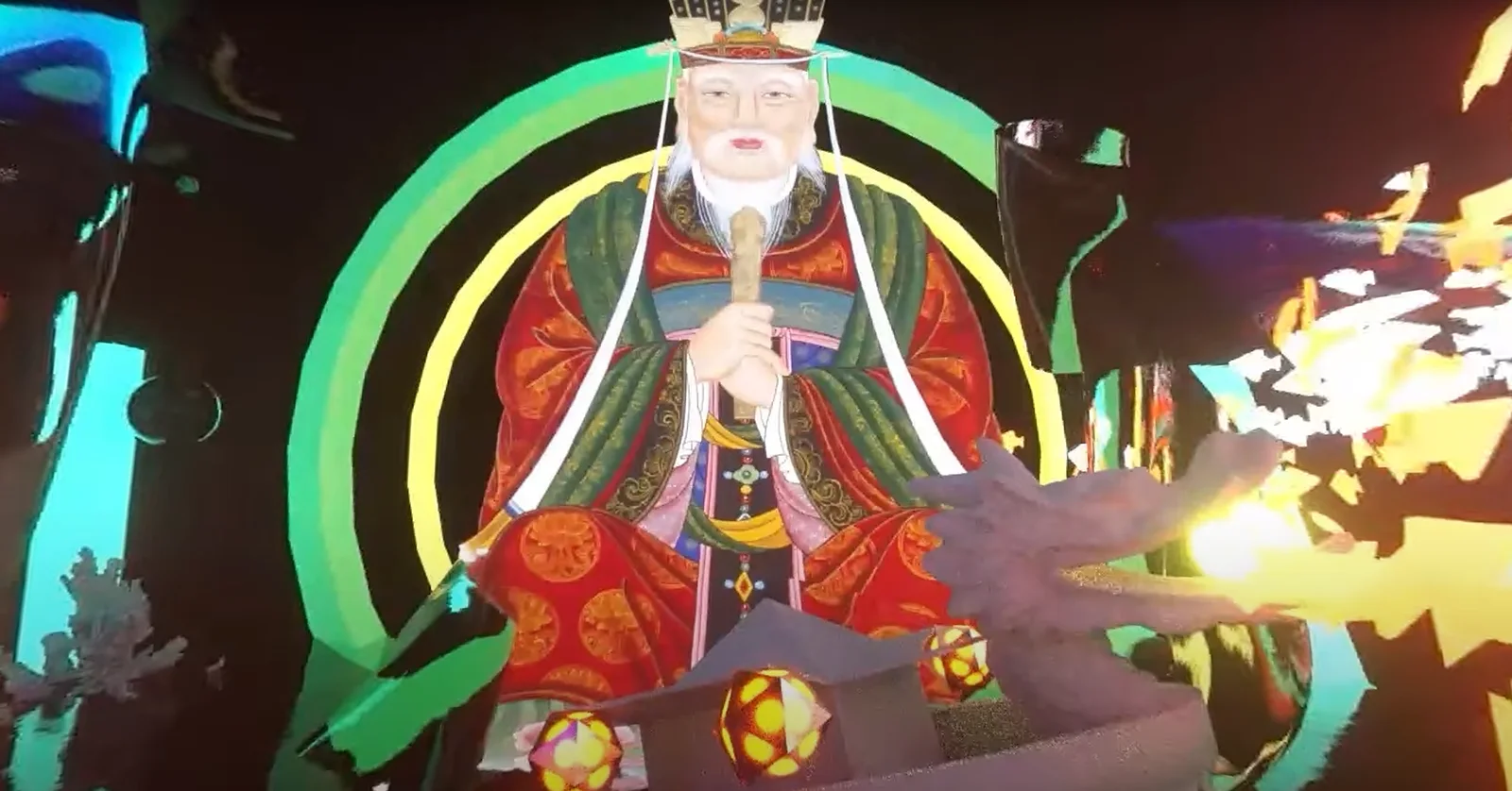 송지훈, 루츠리딤 공연 VJ 영상. 초록 원형 빛 앞에 붉은 옷을 입은 신선 그림이 떠 있는 무대 영상