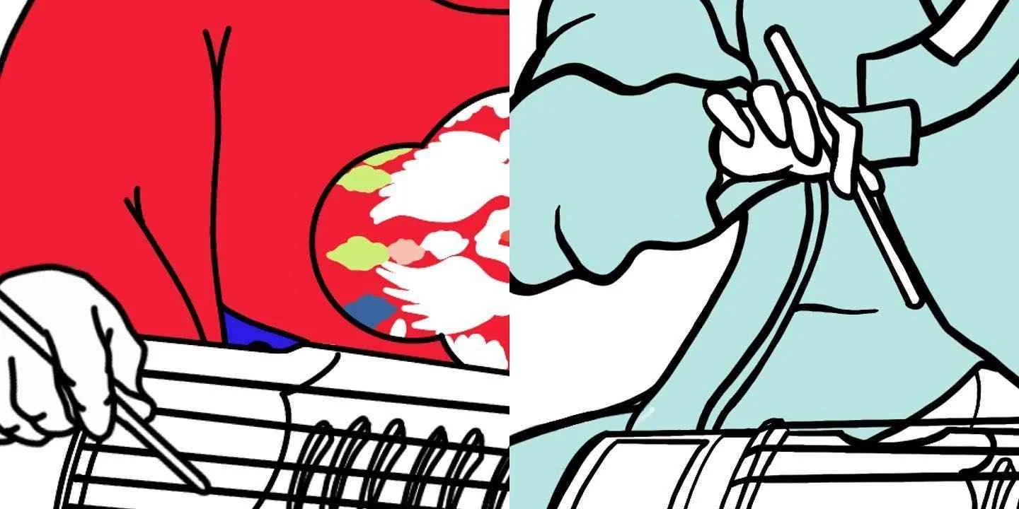 한진구, 배리어프리 전시 일러스트. 붉은 옷과 하늘색 옷을 입은 인물이 악기를 다루는 손을 그린 일러스트