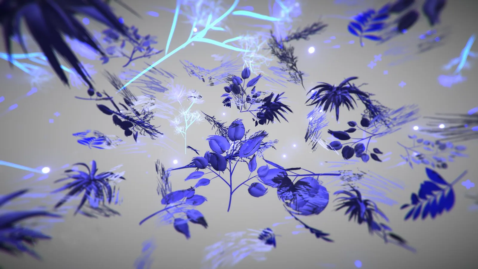 김민송, 《Piece of memory》. 흰 바닥 위로 푸른 식물 형상과 빛줄기가 흩어진 VR 페인팅 장면