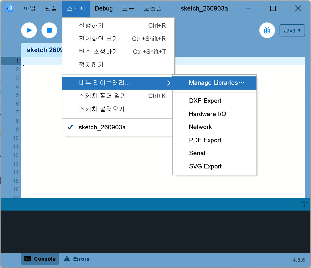 1. 스케치 → 내부 라이브러리… → Manage Libraries…. 한글판에서도 마지막 항목만 영어로 나옵니다